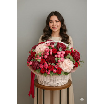 Корзина букета из хризантем, гортензий, роз, спрей роз и эвкалипта